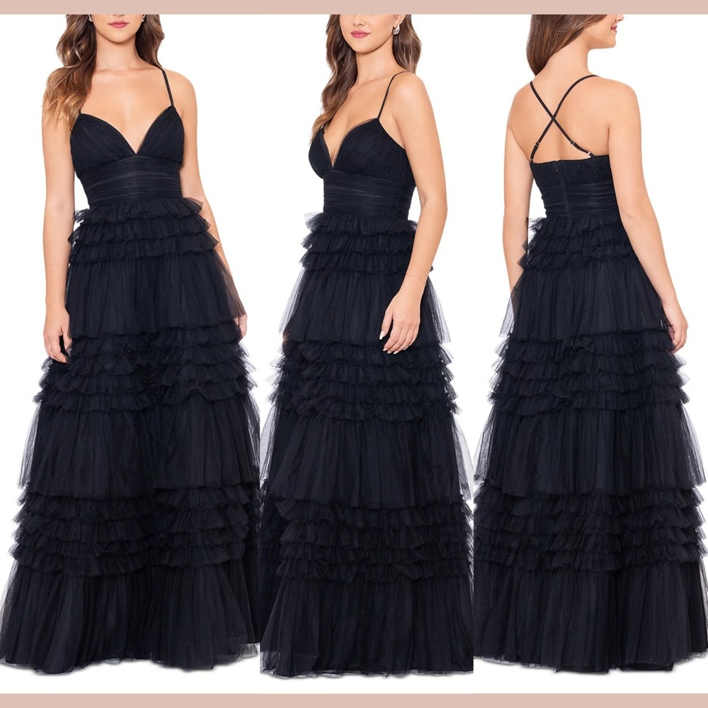 NWT $310 Betsy & Adam [‎ 12 ] V-Neck Sleeveless Tiered Ruffle Mesh Gown #J2256